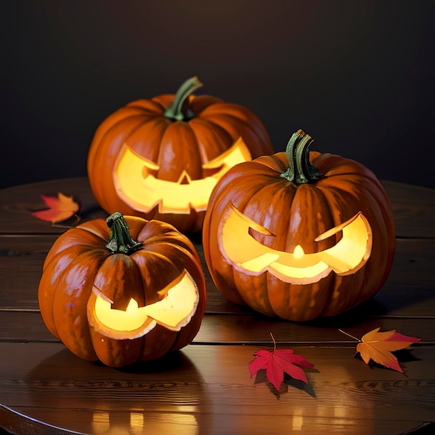 Autumn pumpkins on wooden table