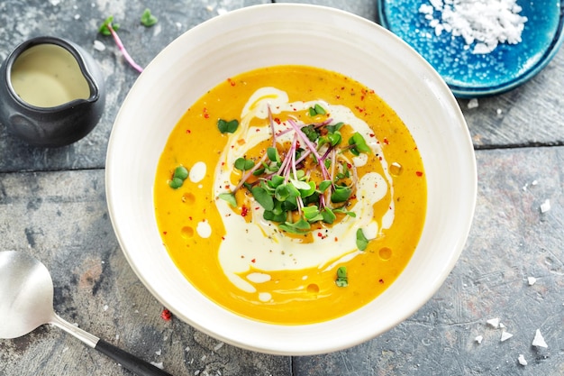 Autumn puree vegan soup with pumpkin and ginger in bowl served on dark background. Closeup