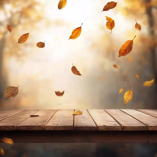 Autumn retro background with a wooden Floor Autumn Nature Background with Colorful Leaves