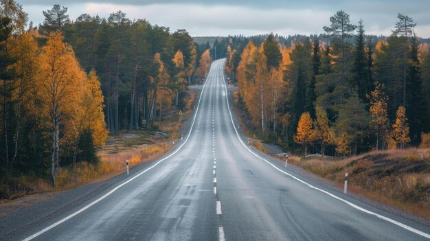 Autumn Road Scenic Fall Journey on Empty Highway in Swedish Forest