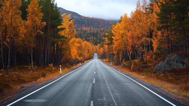 Autumn Road in Sweden Scenic Highway Through Forest with Empty Background