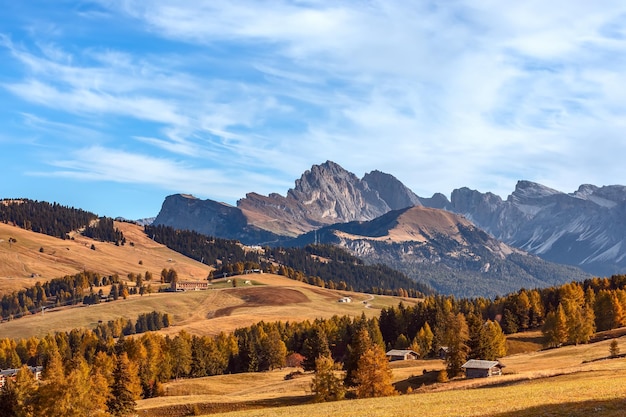 Autumn rolling hills of Seiser Alm plateau and Langkofel Group mountains range South Tyrol Italy