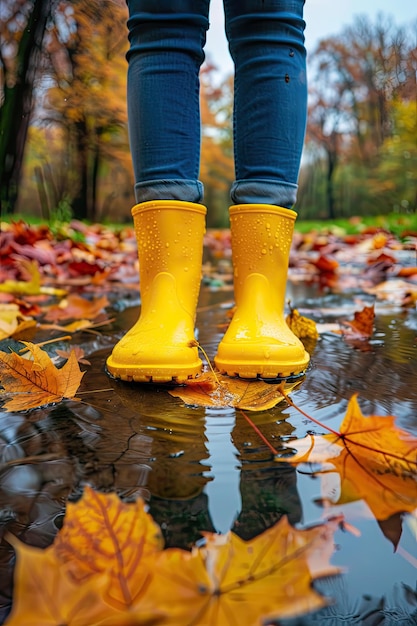 Photo autumn rubber boots and a puddle in the park selective focus