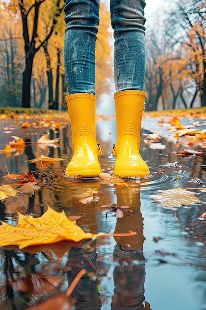 Photo autumn rubber boots and a puddle in the park selective focus