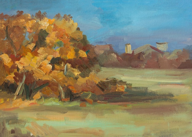 Autumn rural landscape oil painting. Sunny rustic autumn landscape, house. The author's painting