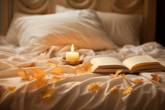 Autumn's golden leaves gently cascade and a candle glows from atop pristine white bed sheets Ample