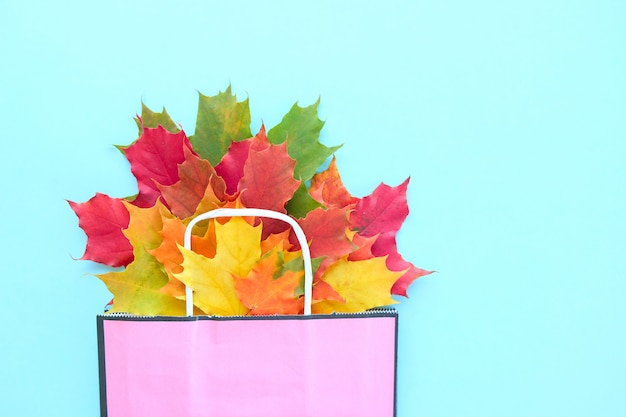 Autumn sale. Paper bag with autumn maple leaves. 