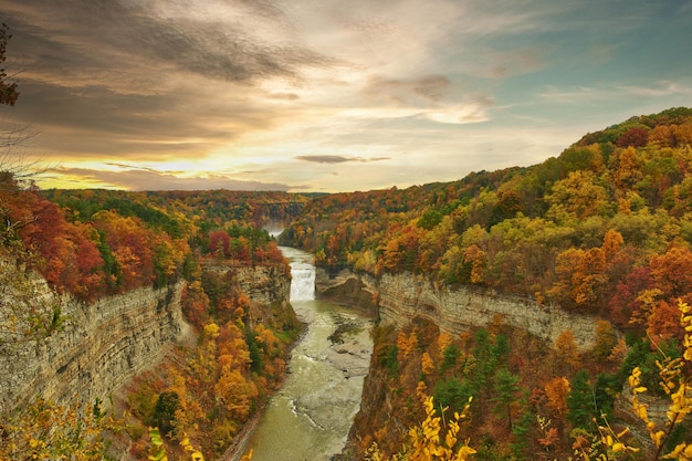 Autumn scene of waterfalls and gorge