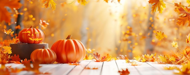 Autumn scene with carved pumpkin jackolanterns and colorful fall leaves