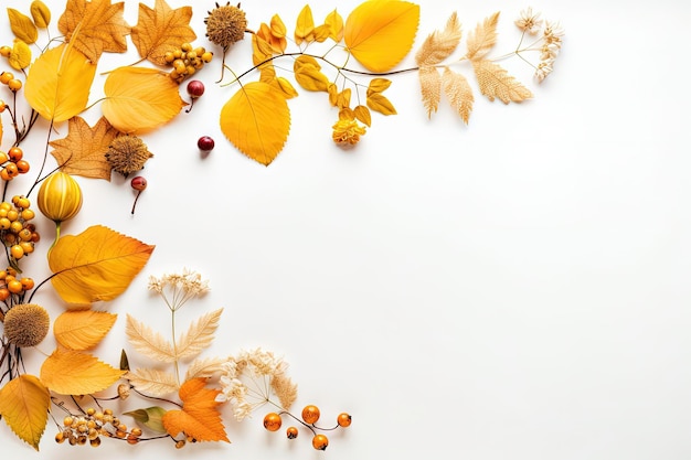 Autumn scene with leaves flowers berries on white Fall thanksgiving concept Flat lay top view copy s