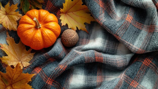 Photo autumn scene with pumpkin leaves and cozy plaid blanket