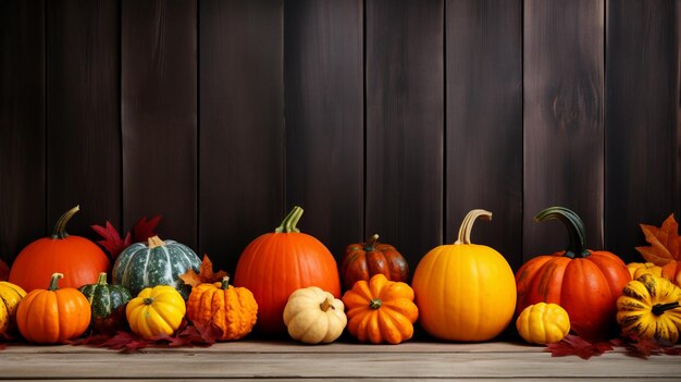 autumn scene with pumpkins on a wooden table Autumn background with copy space