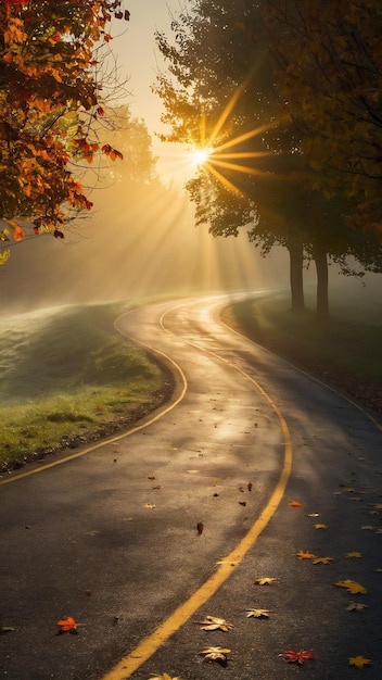 Autumn scene with rural road in the light of the rising sun