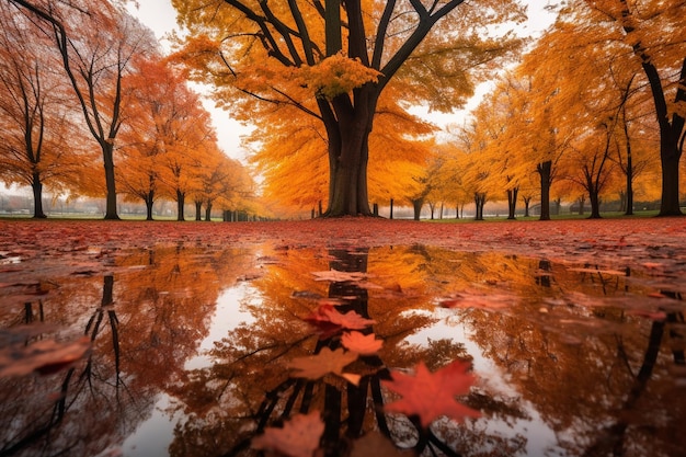 Photo autumn scene with symmetrical trees and falling maple leaves