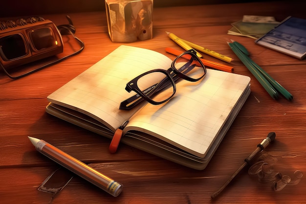 Autumn school notebook with glasses in cartoon style