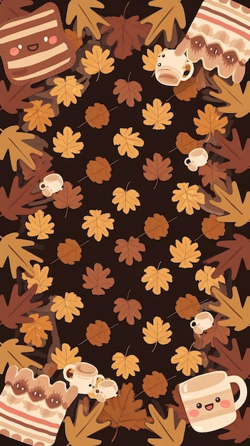 Photo autumn seamless pattern with cute cozy elements on a dark background cartoon style