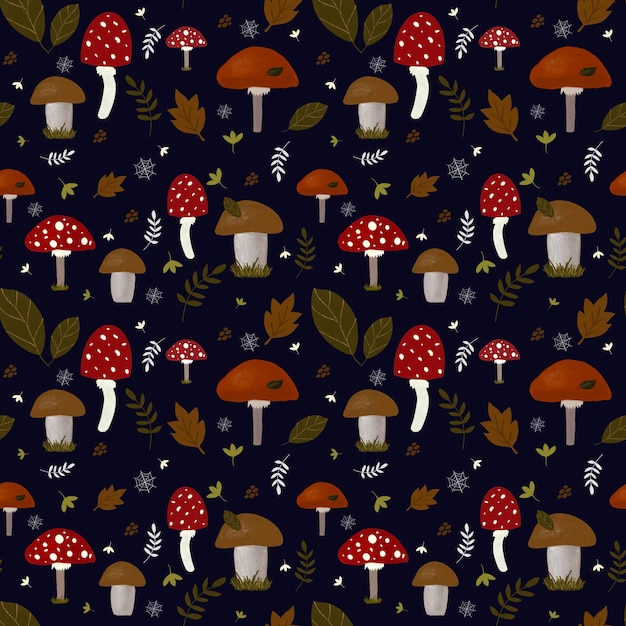 Autumn seamless pattern with mushrooms on dark background