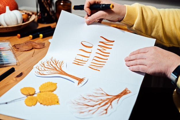 Autumn season drawing how to draw fall lettering drawing and painting female hands drawing autumn