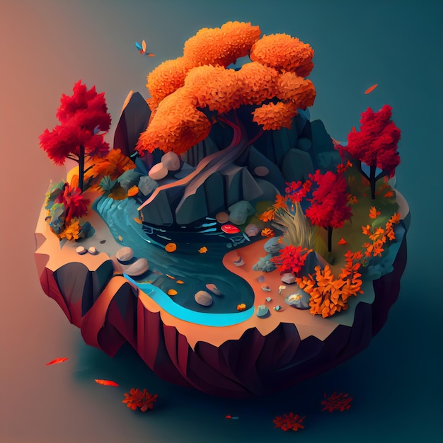 Autumn season isometric diorama island in 3d model style generative ai