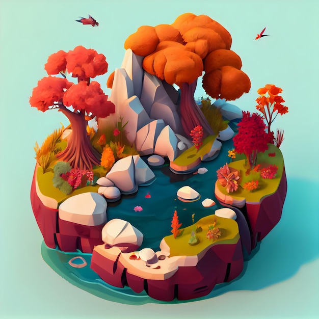 Autumn season isometric diorama island generative ai