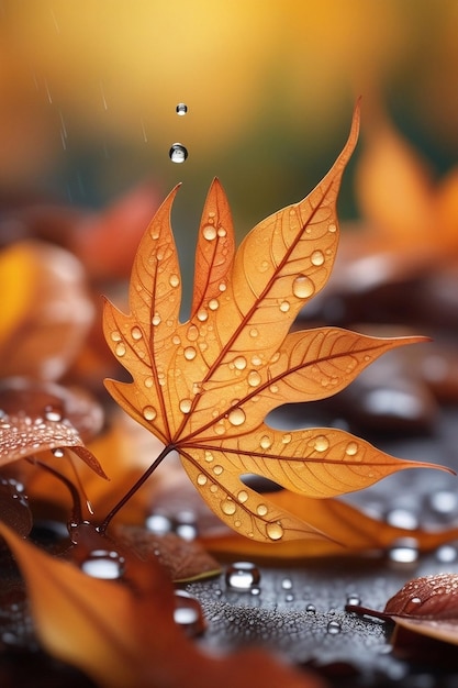 autumn season leafs with rain autumn plant scene