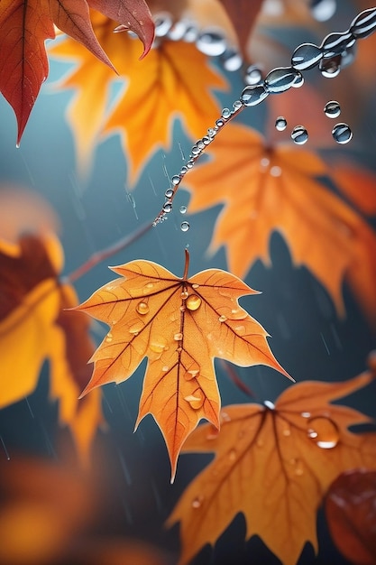 autumn season leafs with rain autumn plant scene