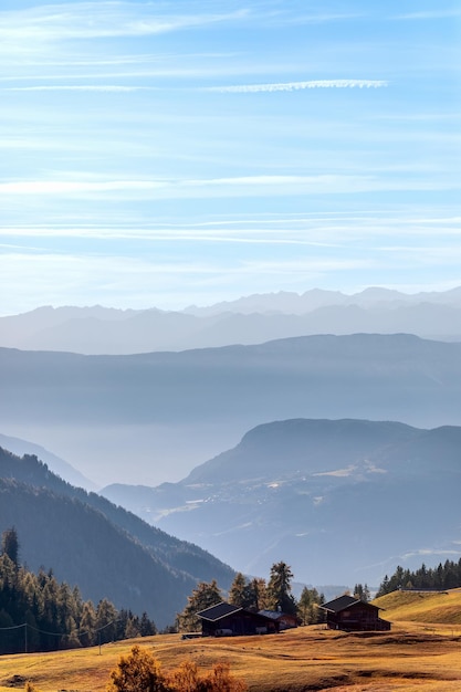 Autumn in Seiser Alm Morning fog covers the mountains of Val Gardena Vertical photo