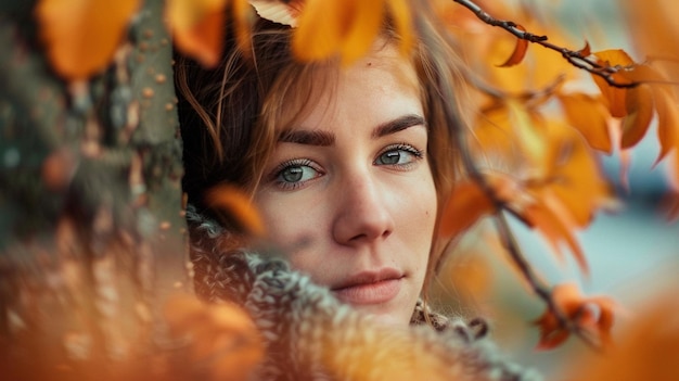 Autumn Serenity Portrait of a Woman Among Golden Leaves