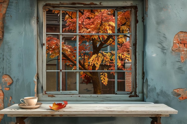 Autumn serenity window view with coffee cup