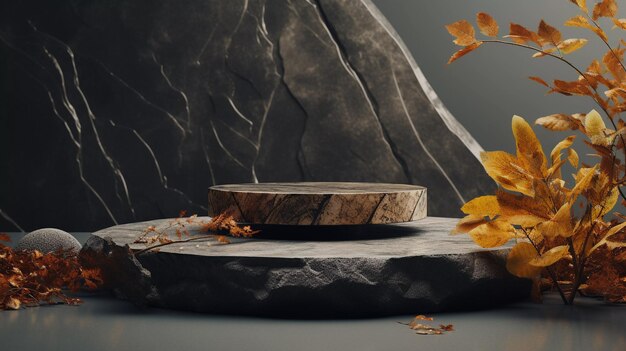 Autumn showcase made of black natural stone autumn foliage for product promotion