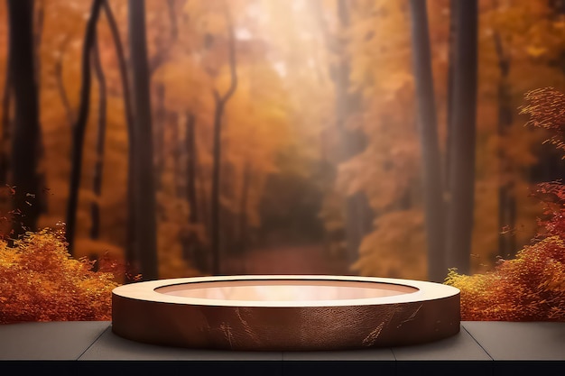 Autumn showcase made of natural wood and autumn foliage AI