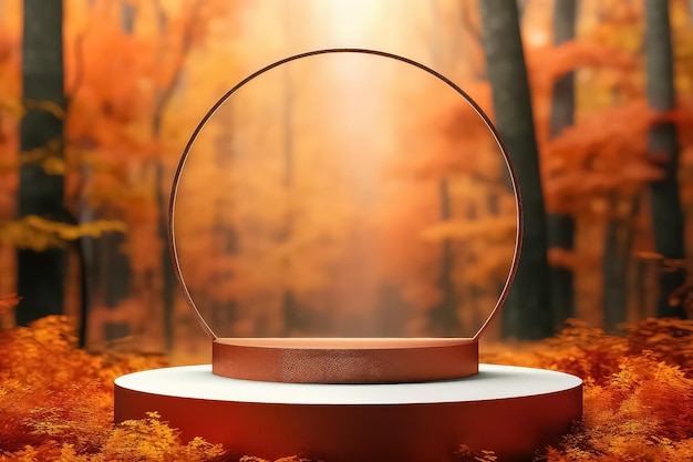 Autumn showcase made of natural wood and autumn foliage AI