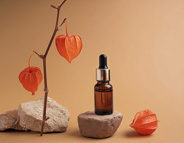 Autumn Showcase with Natural Stone Dried Physalis Flower and Glass Brown Bottle for Essential Oils