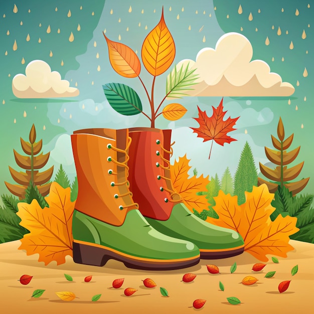 Photo autumn sign with boot shoes vector illustration happy autumn autumn icon illustration rainy winter flat cartoon style suitable for web landing page banner flyer sticker card background