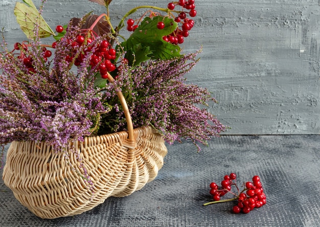 Autumn still life on concrete background basket with heather and viburnum thanksgiving copy space