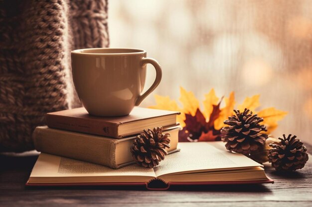 Autumn still life details in cozy home interior with a cup