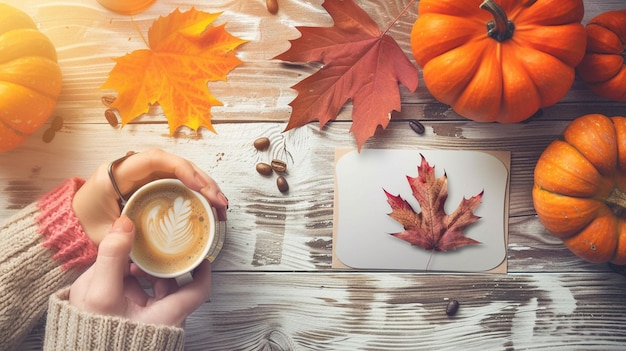 autumn still life female hand in sweater holding cup