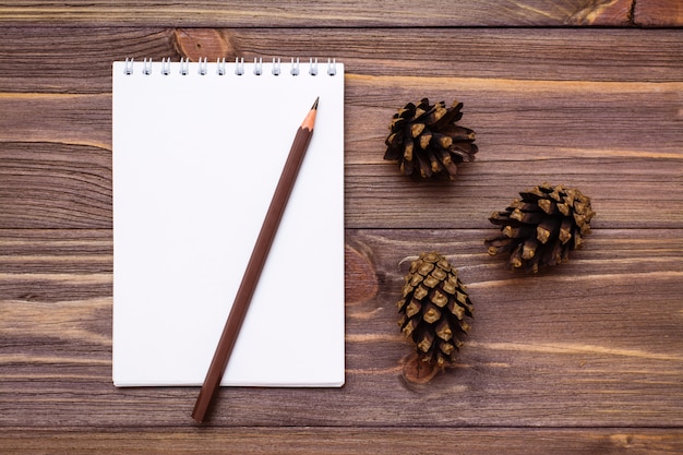 Autumn still life  notebook, pencil and cones on wood Top view