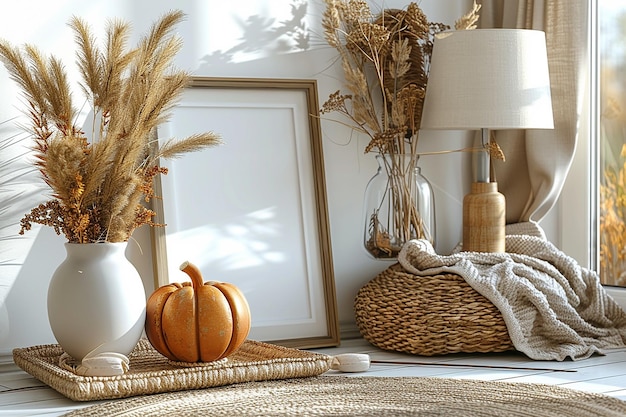 Photo autumn still life picture frame mockup tray