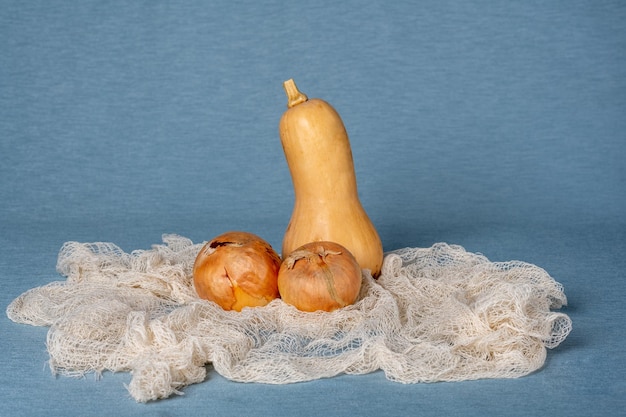 Autumn still life. Pumpkin baternat and two bulbs on a blue background and fabric drapery.