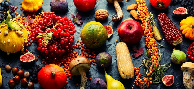 Autumn still life of pumpkins, mushrooms, apples, figs and berries.Fall food