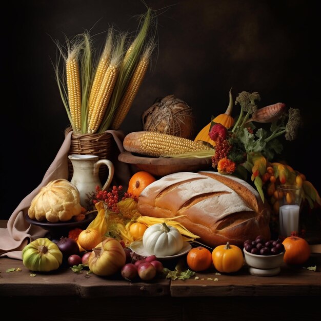 Autumn still life with bread in rustic style on a dark background