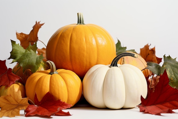 Autumn still life with pumpkins and colorful leaves on white background