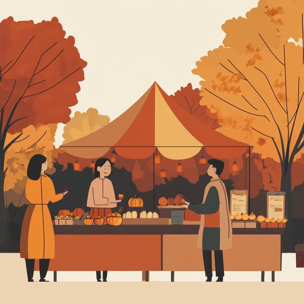 Autumn street market People buying food in fall season Vector illustration