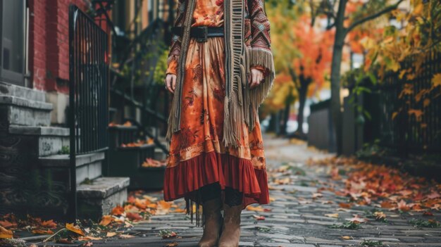 Photo autumn stroll in colorful dress along cobblestone pathway with falling leaves