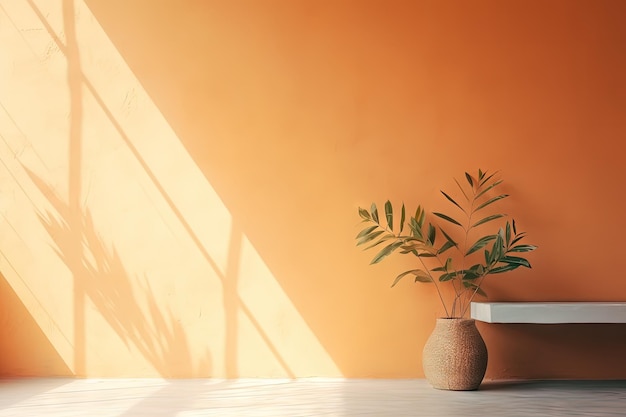 Autumn studio room with blank wall shadow leaves and sun light from window Abstract orange pattern c