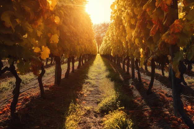 Autumn sun shining through rows of grape vines highlighting their golden leaves