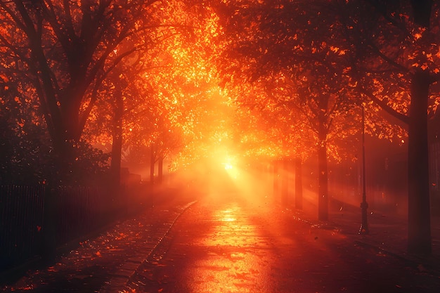 Autumn sunlight filters through trees on a misty morning path