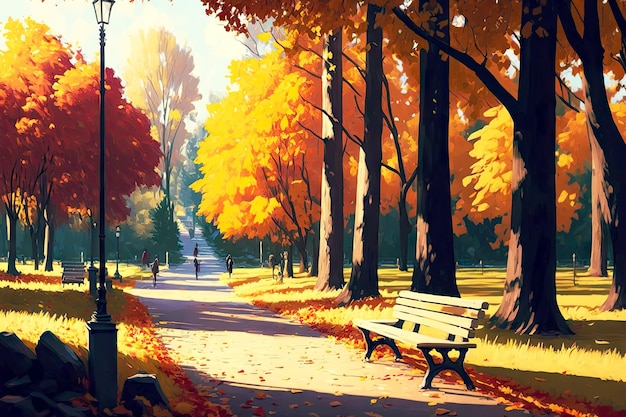 Autumn sunny day in park and autumn leaf fall created with generative ai