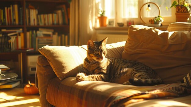 Autumn sunny weekend with a cat at home cozy living room with warm lighting autumn decor